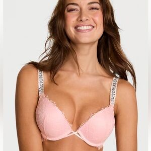 Victoria Secret Bombshell Add - 2 - Cups Shine Strap Rose Lace Push Up Bra